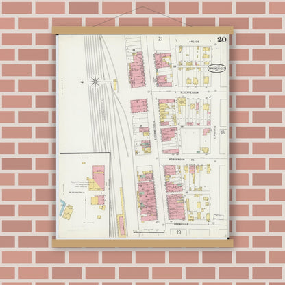 Old map wall art mockup — magnetic wood frame on brick wall — Sanborn Fire Insurance Map from Springfield, Greene County, Missouri (1896), Sheet #0020
