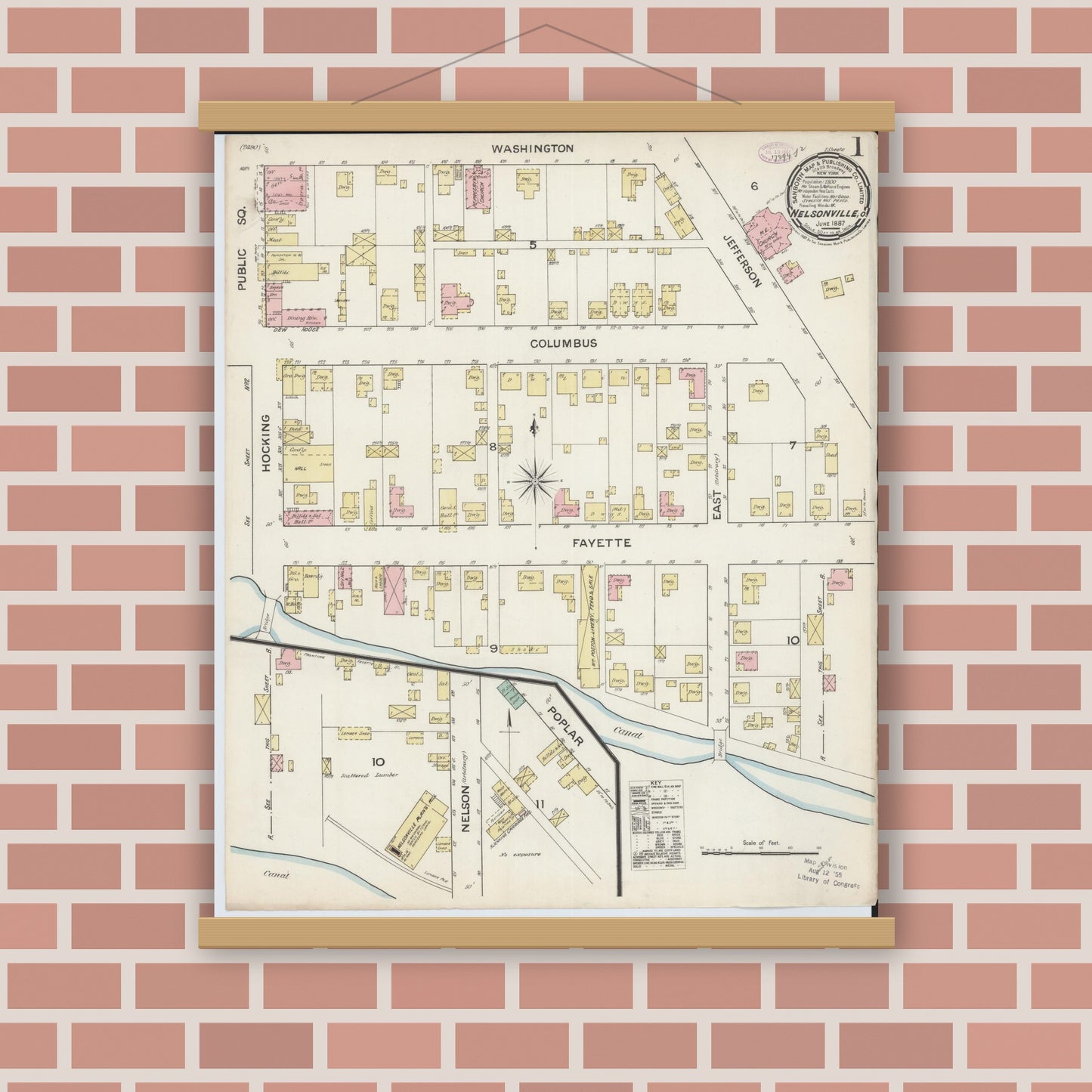 Old map wall art mockup — magnetic wood frame on brick wall — Sanborn Fire Insurance Map from Nelsonville, Athens County, Ohio (1887), Sheet #0001