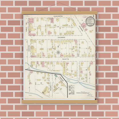 Old map wall art mockup — magnetic wood frame on brick wall — Sanborn Fire Insurance Map from Nelsonville, Athens County, Ohio (1887), Sheet #0001