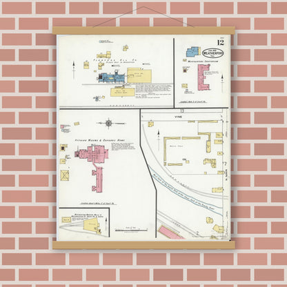 Old map wall art mockup — magnetic wood frame on brick wall — Sanborn Fire Insurance Map from Weatherford, Parker County, Texas (1921), Sheet #0012