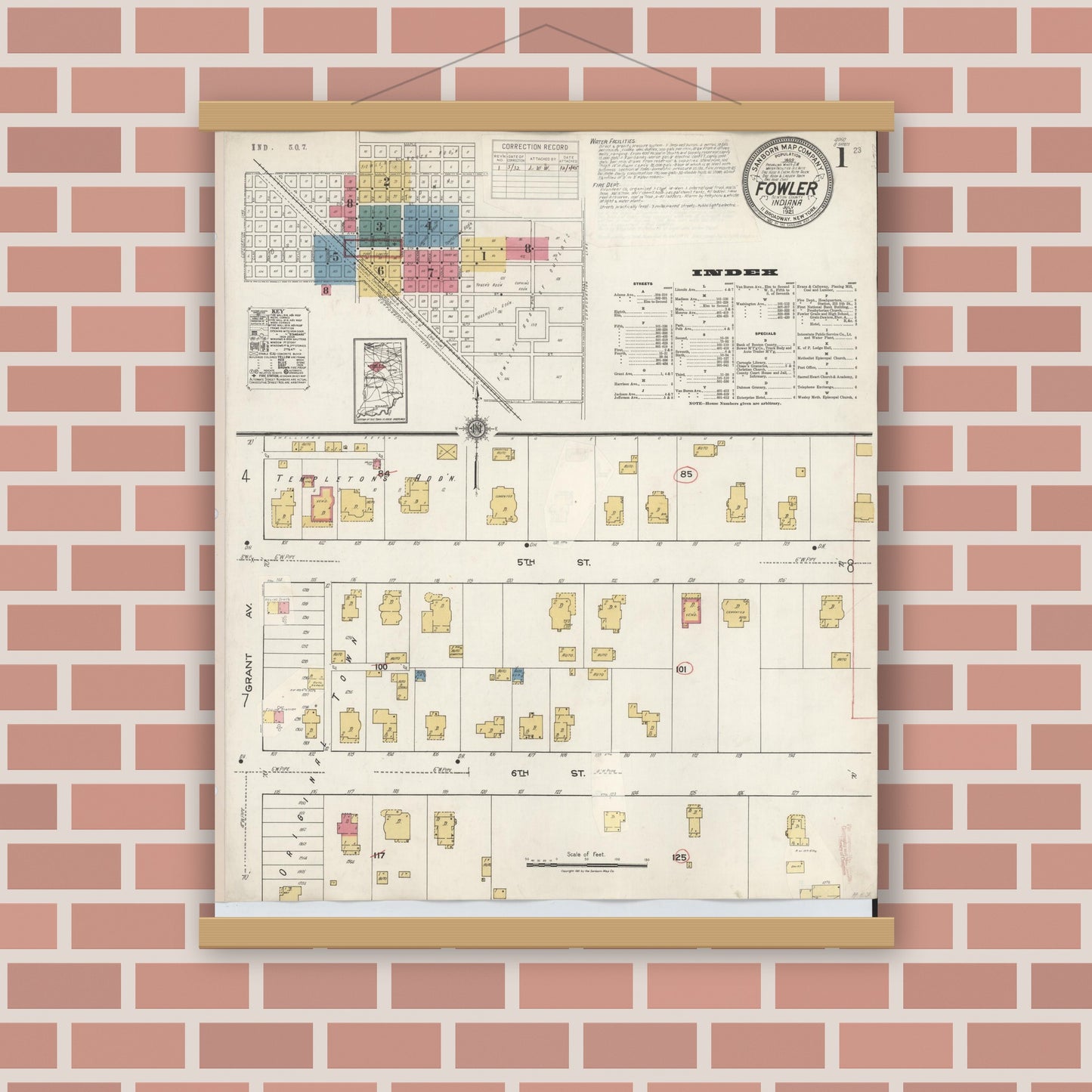 Old map wall art mockup — magnetic wood frame on brick wall — Sanborn Fire Insurance Map from Fowler, Benton County, Indiana (1932) - Complete Map Set