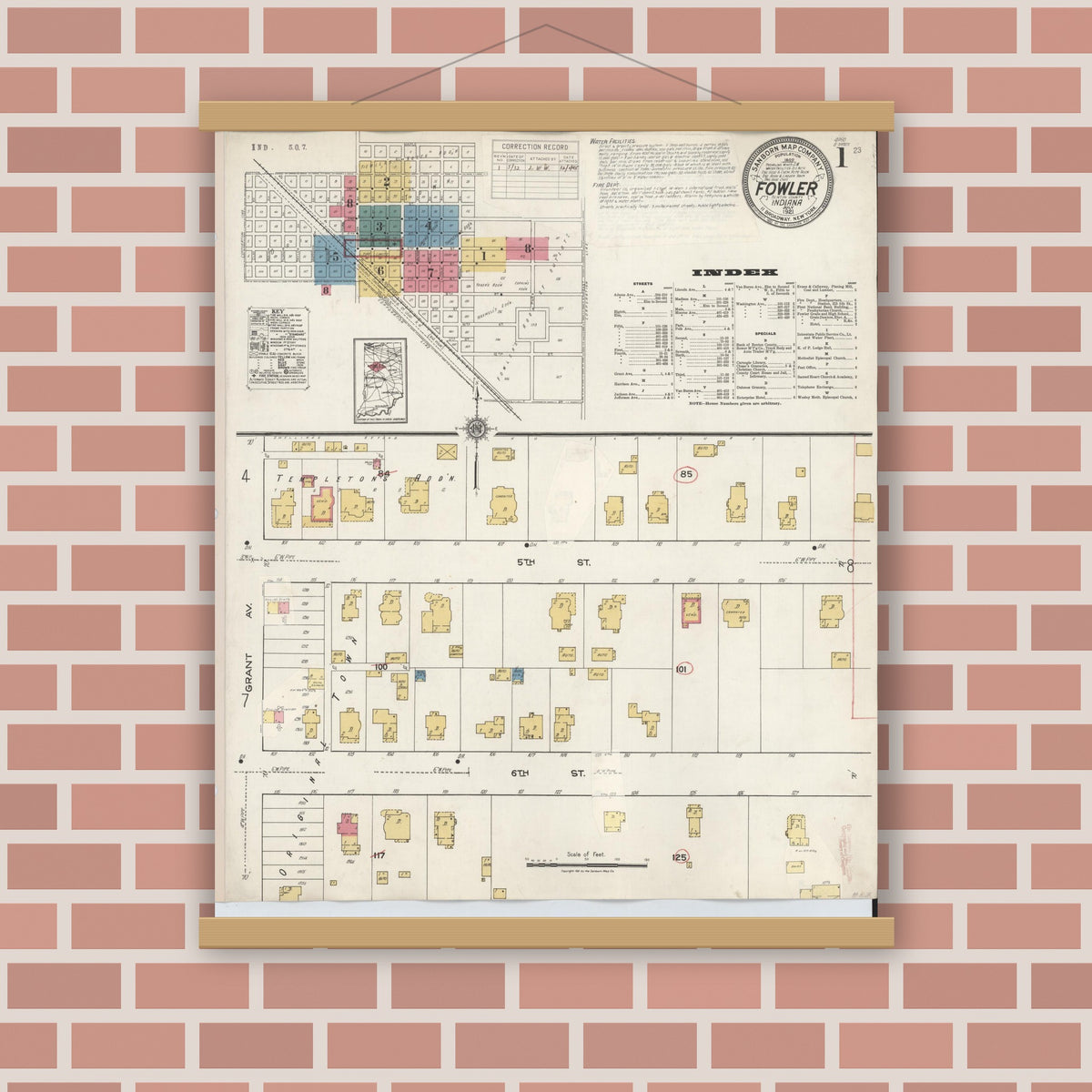Old map wall art mockup — magnetic wood frame on brick wall — Sanborn Fire Insurance Map from Fowler, Benton County, Indiana (1932) - Complete Map Set