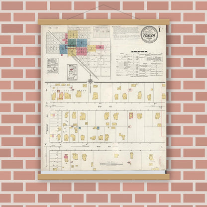 Old map wall art mockup — magnetic wood frame on brick wall — Sanborn Fire Insurance Map from Fowler, Benton County, Indiana (1932) - Complete Map Set
