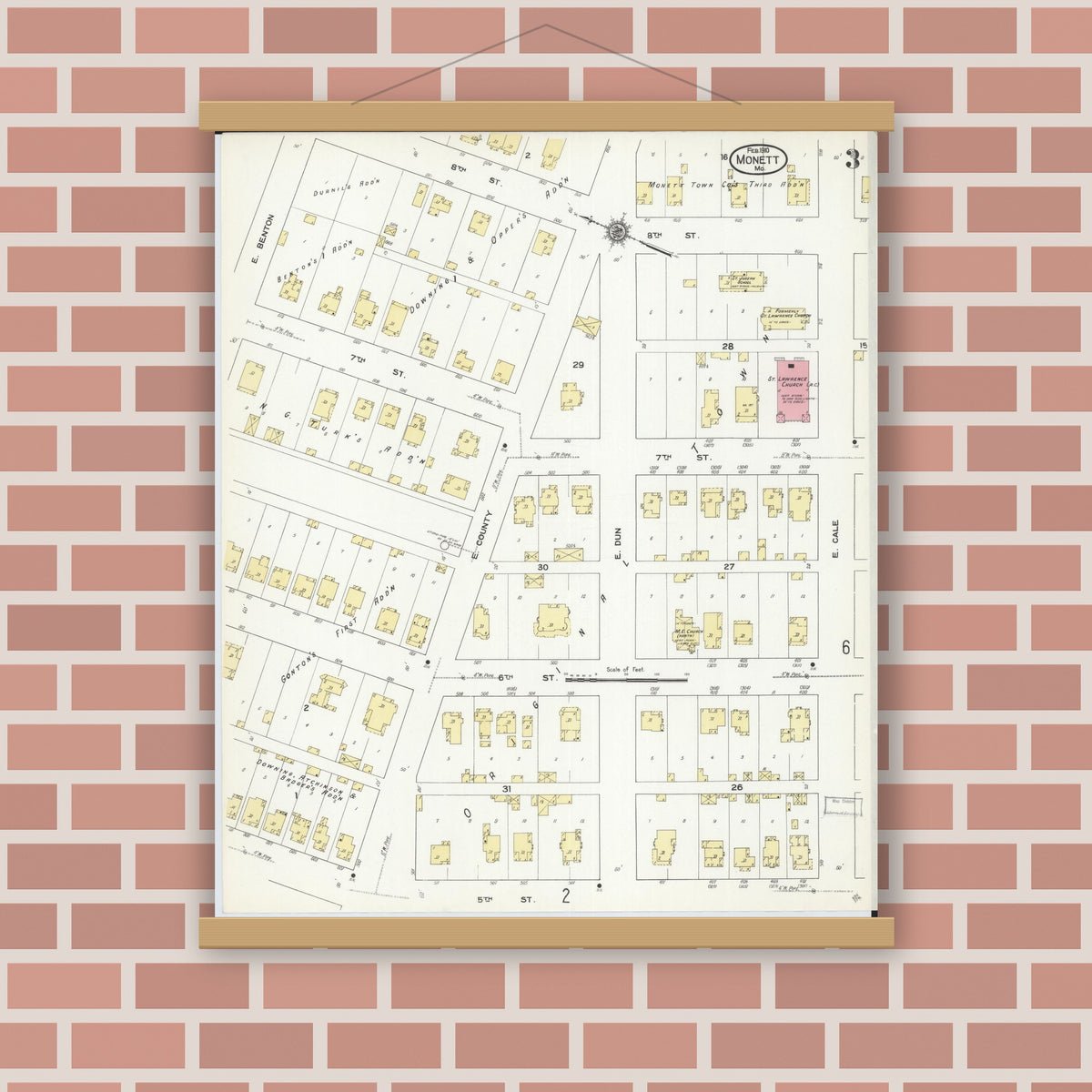 Old map wall art mockup — magnetic wood frame on brick wall — Sanborn Fire Insurance Map from Monett, Barry County, Missouri (1910), Sheet #0003