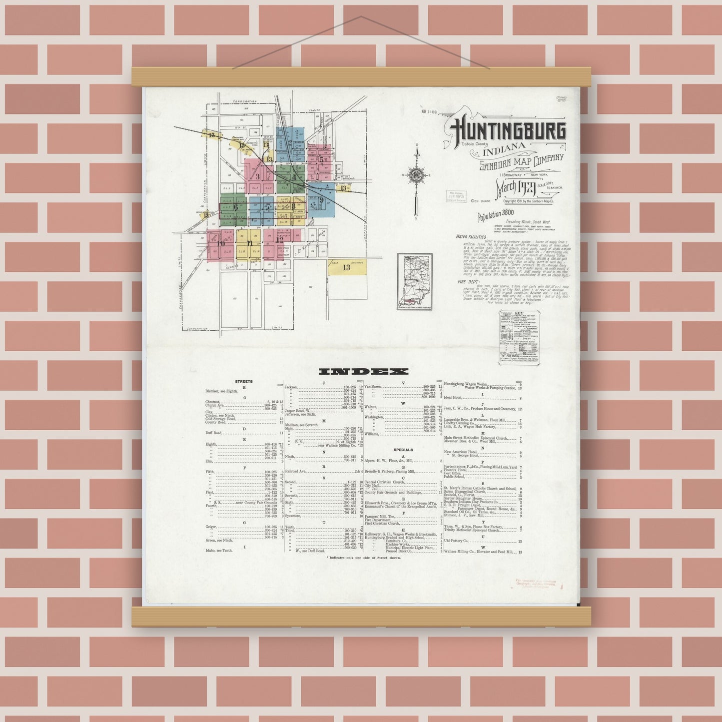 Old map wall art mockup — magnetic wood frame on brick wall — Sanborn Fire Insurance Map from Huntingburg, Dubois County, Indiana (1921) - Complete Map Set