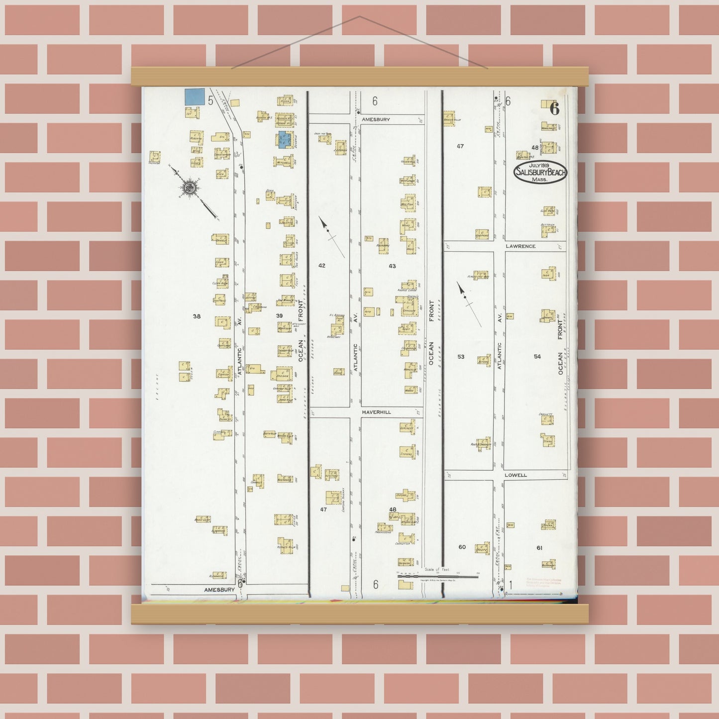 Old map wall art mockup — magnetic wood frame on brick wall — Sanborn Fire Insurance Map from Salisbury, Essex County, Massachusetts (1919), Sheet #0006