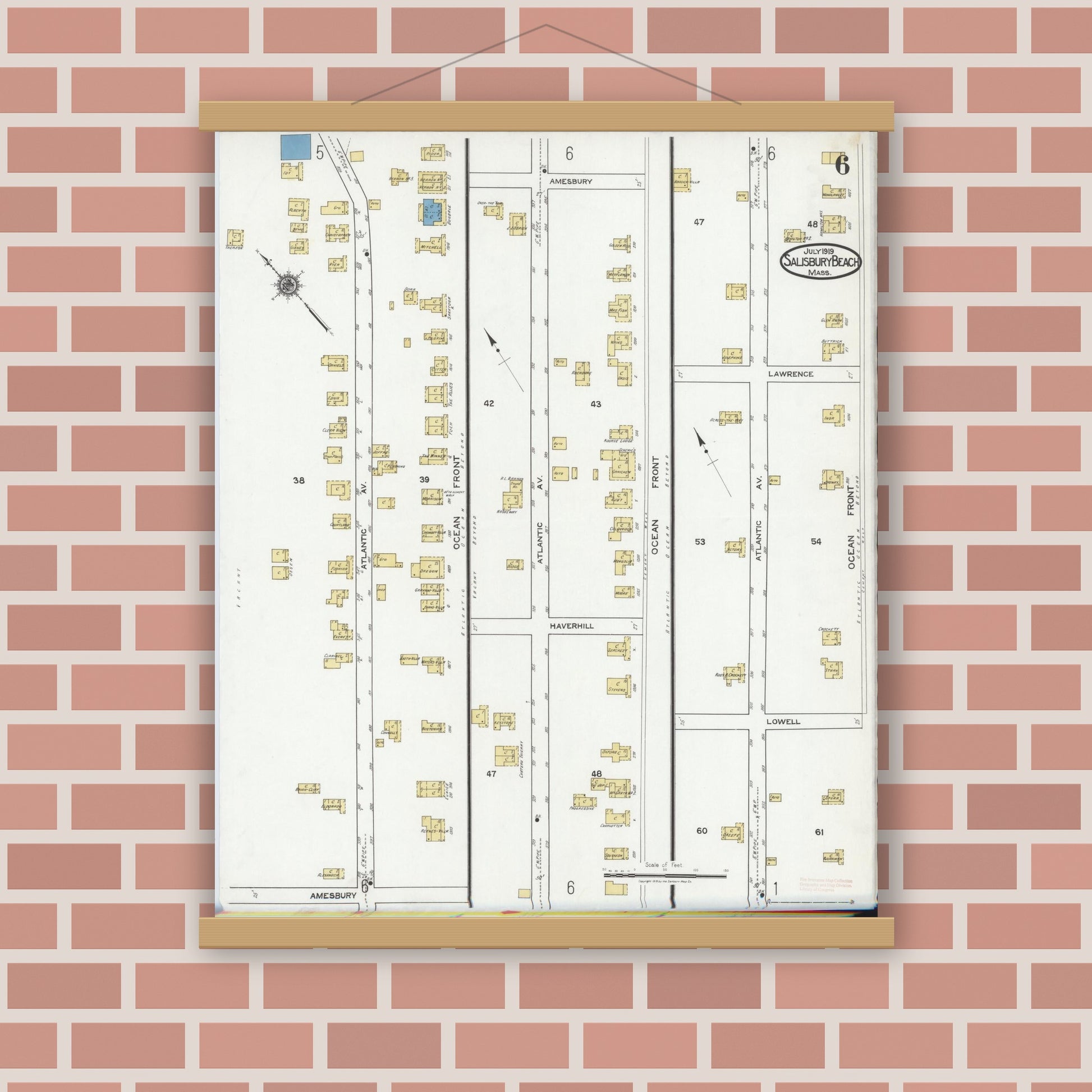 Old map wall art mockup — magnetic wood frame on brick wall — Sanborn Fire Insurance Map from Salisbury, Essex County, Massachusetts (1919), Sheet #0006