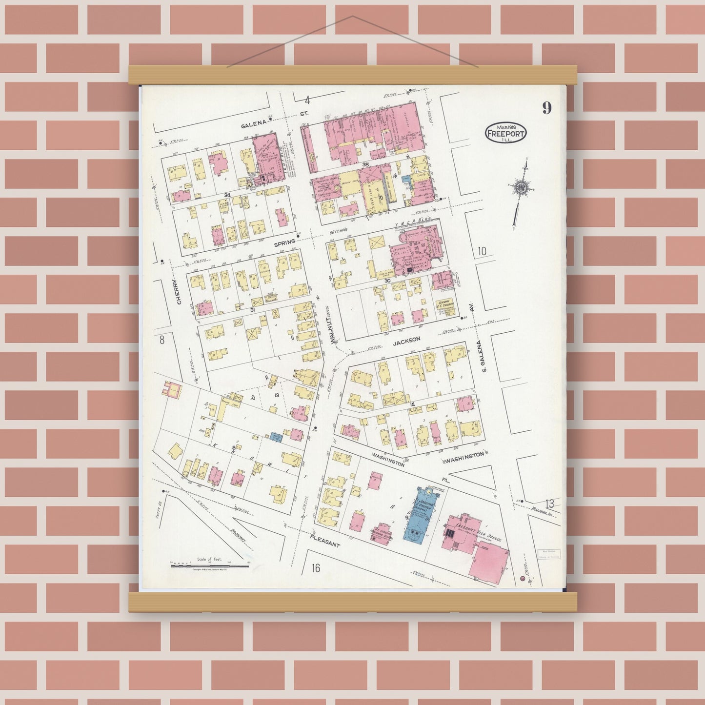 Old map wall art mockup — magnetic wood frame on brick wall — Sanborn Fire Insurance Map from Freeport, Stephenson County, Illinois (1918), Sheet #0009