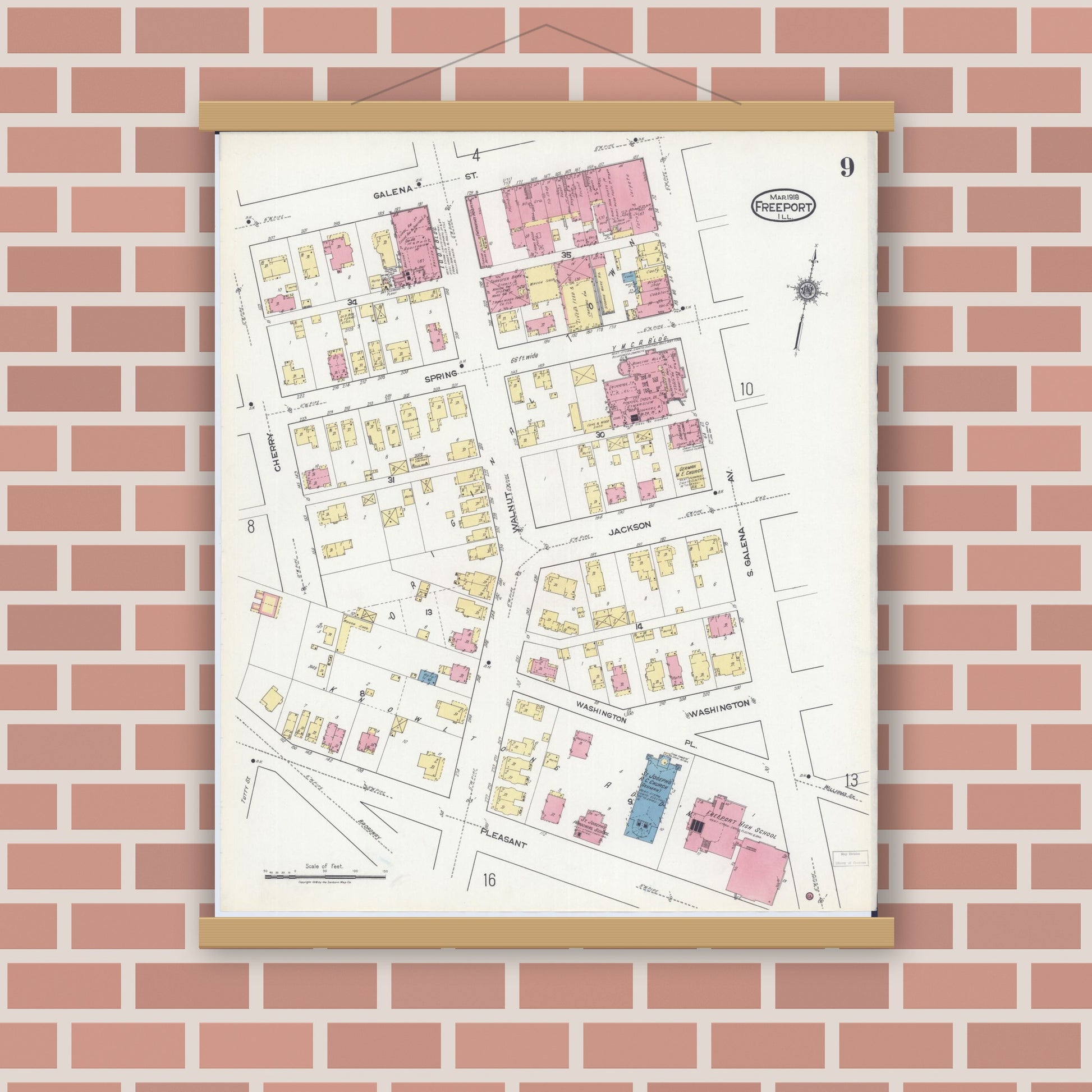 Old map wall art mockup — magnetic wood frame on brick wall — Sanborn Fire Insurance Map from Freeport, Stephenson County, Illinois (1918), Sheet #0009