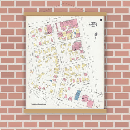 Old map wall art mockup — magnetic wood frame on brick wall — Sanborn Fire Insurance Map from Freeport, Stephenson County, Illinois (1918), Sheet #0009