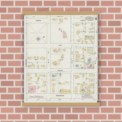 Old map wall art mockup — magnetic wood frame on brick wall — Sanborn Fire Insurance Map from Winona, Winona County, Minnesota (1889), Sheet #0008