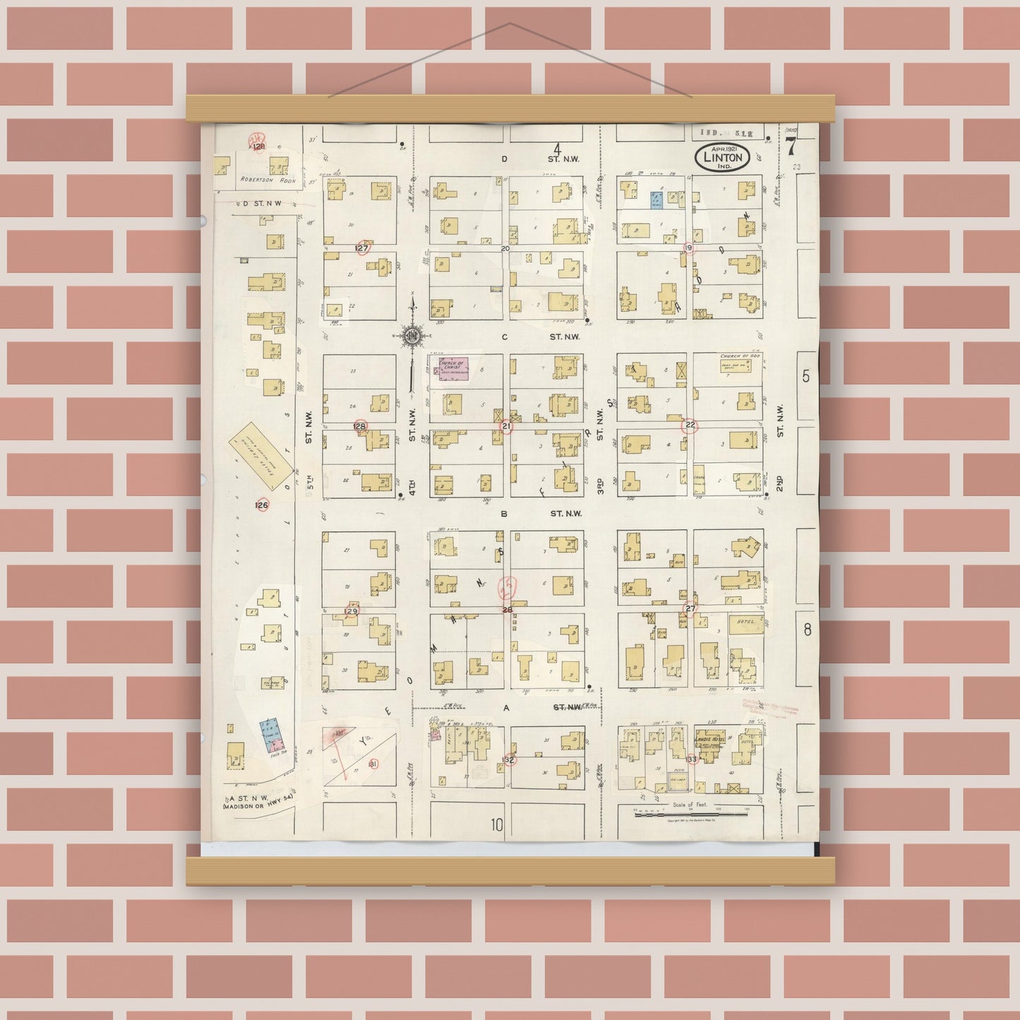 Old map wall art mockup — magnetic wood frame on brick wall — Sanborn Fire Insurance Map from Linton, Greene County, Indiana (1948), Sheet #0007