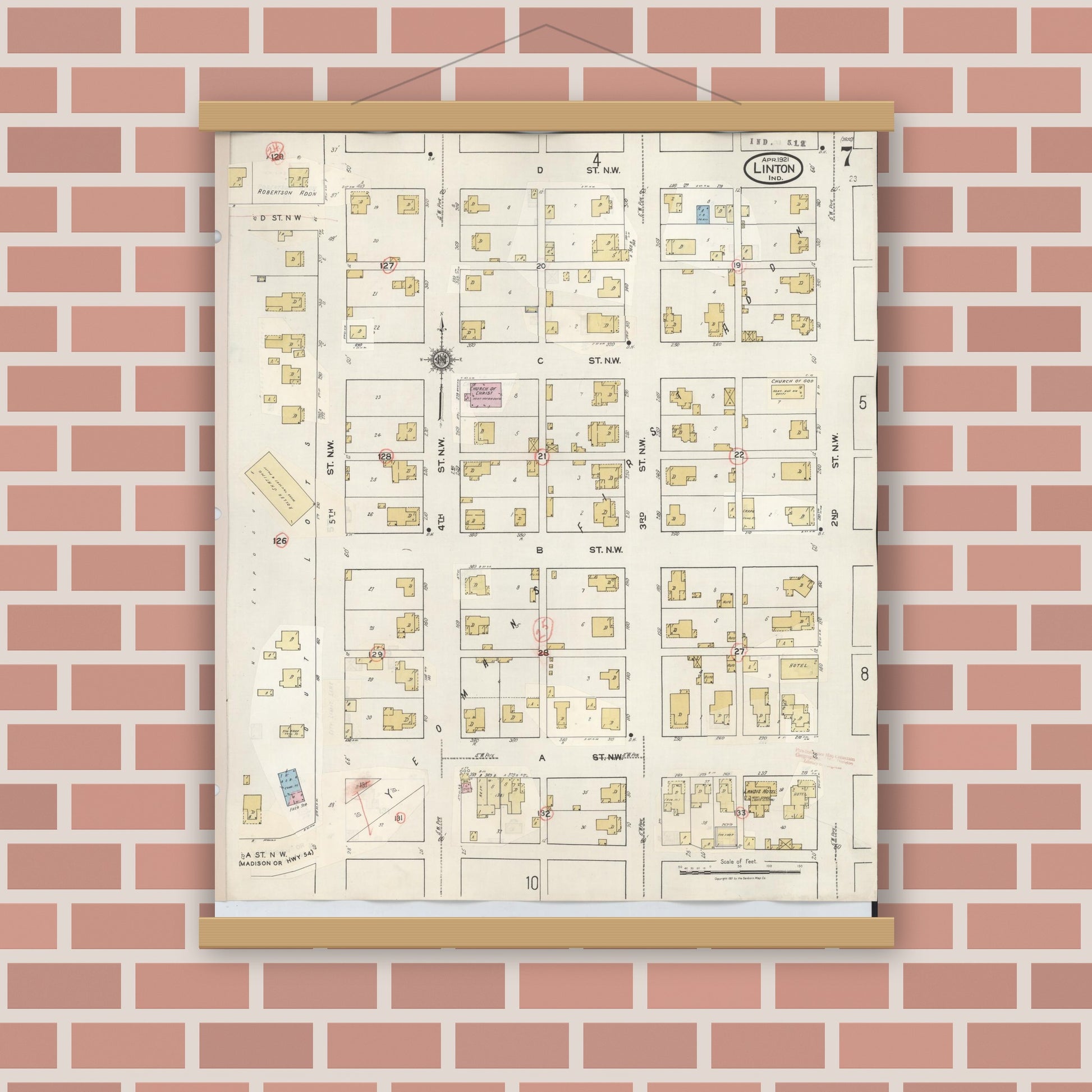Old map wall art mockup — magnetic wood frame on brick wall — Sanborn Fire Insurance Map from Linton, Greene County, Indiana (1948), Sheet #0007