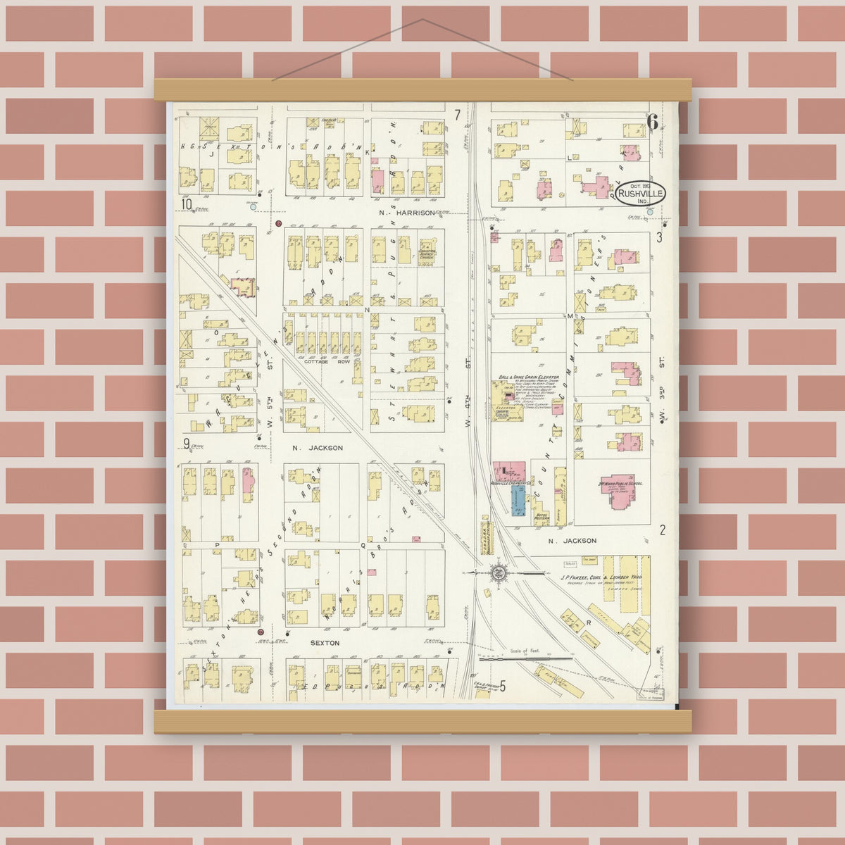 Old map wall art mockup — magnetic wood frame on brick wall — Sanborn Fire Insurance Map from Rushville, Rush County, Indiana (1913), Sheet #0006