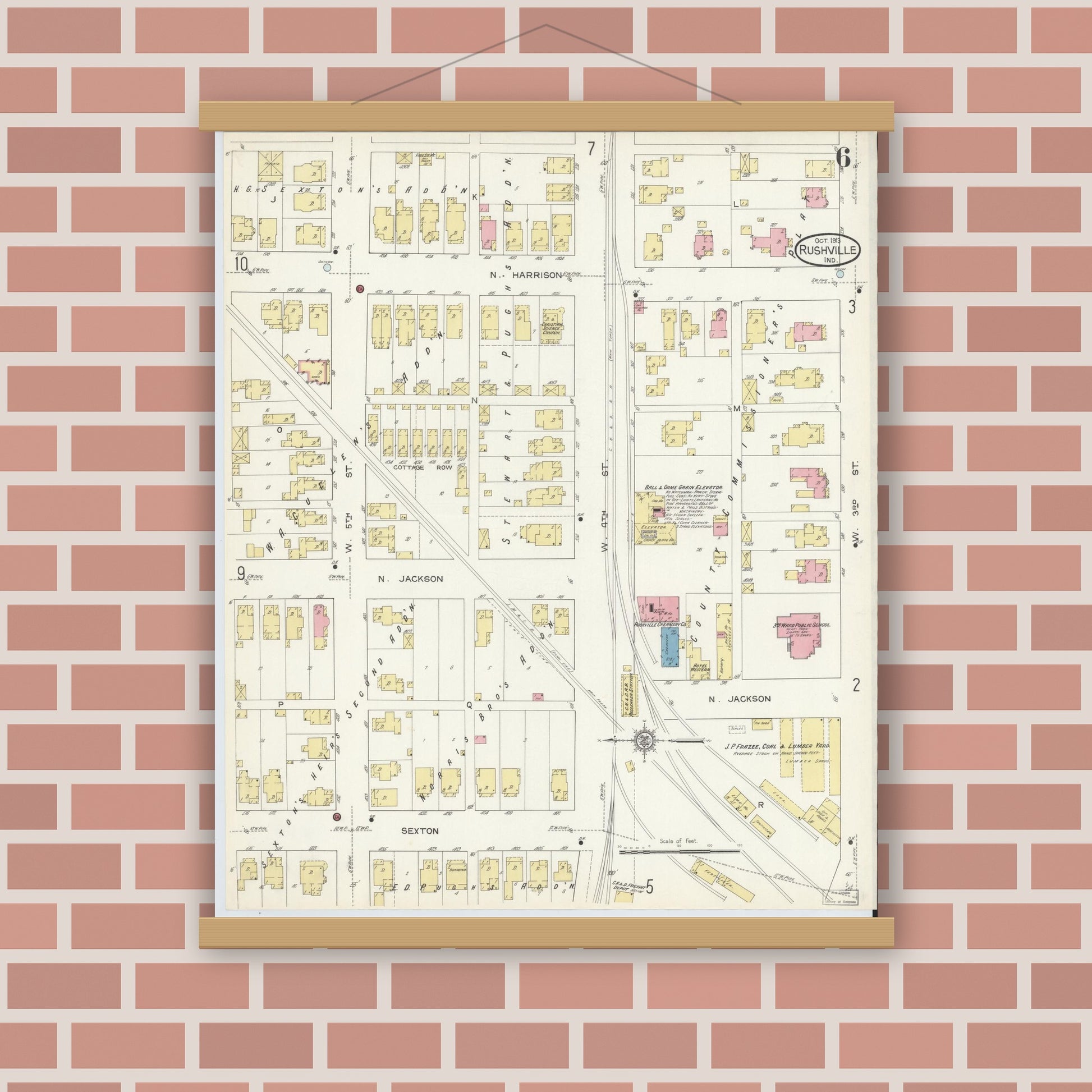 Old map wall art mockup — magnetic wood frame on brick wall — Sanborn Fire Insurance Map from Rushville, Rush County, Indiana (1913), Sheet #0006