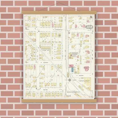 Old map wall art mockup — magnetic wood frame on brick wall — Sanborn Fire Insurance Map from Rushville, Rush County, Indiana (1913), Sheet #0006