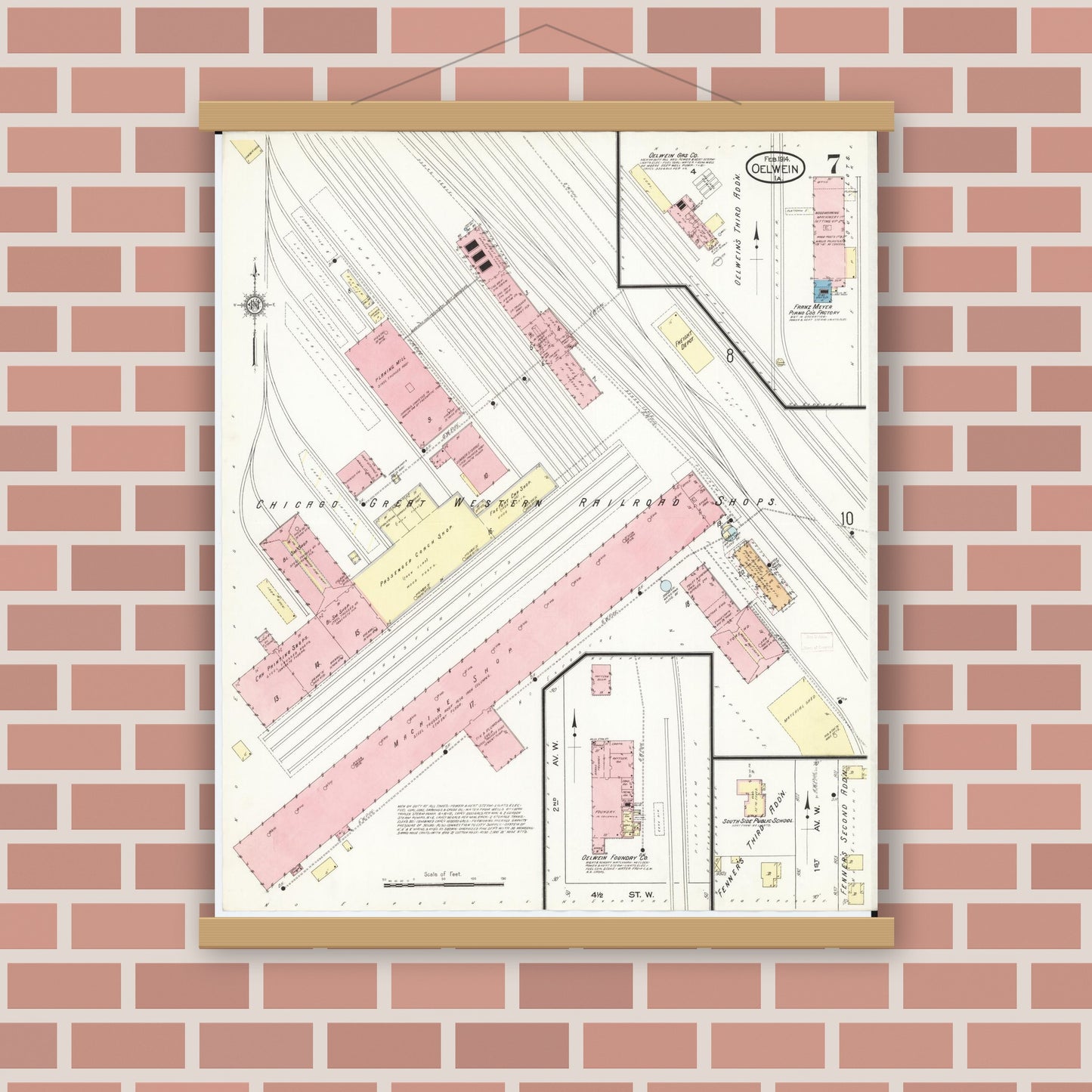 Old map wall art mockup — magnetic wood frame on brick wall — Sanborn Fire Insurance Map from Oelwein, Fayette County, Iowa (1914), Sheet #0007