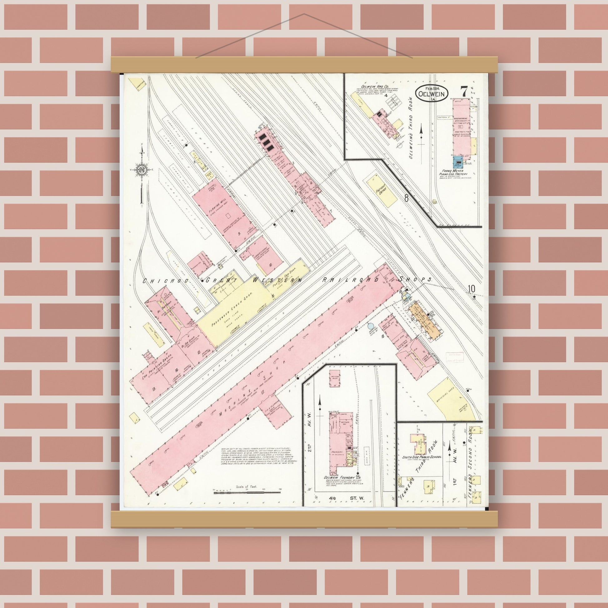 Old map wall art mockup — magnetic wood frame on brick wall — Sanborn Fire Insurance Map from Oelwein, Fayette County, Iowa (1914), Sheet #0007