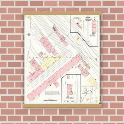 Old map wall art mockup — magnetic wood frame on brick wall — Sanborn Fire Insurance Map from Oelwein, Fayette County, Iowa (1914), Sheet #0007