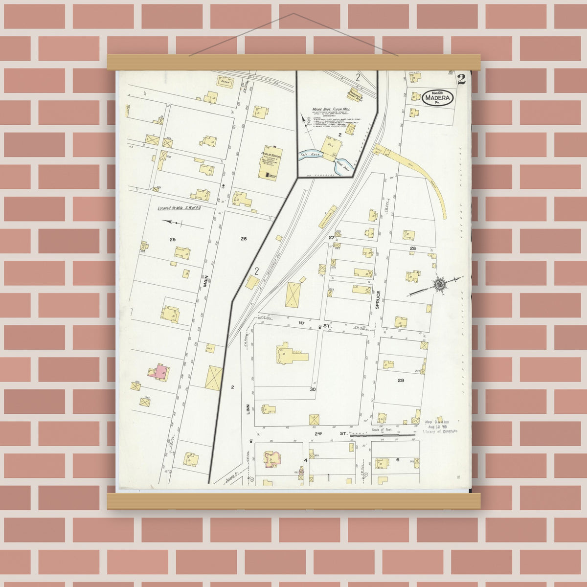 Old map wall art mockup — magnetic wood frame on brick wall — Sanborn Fire Insurance Map from Madera, Clearfield County, Pennsylvania (1910), Sheet #0002
