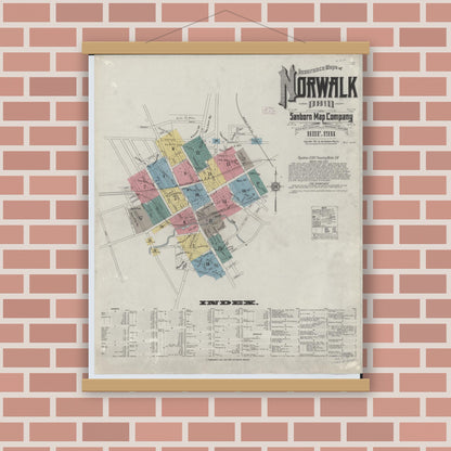 Old map wall art mockup — magnetic wood frame on brick wall — Sanborn Fire Insurance Map from Norwalk, Huron County, Ohio (1911) - Complete Map Set