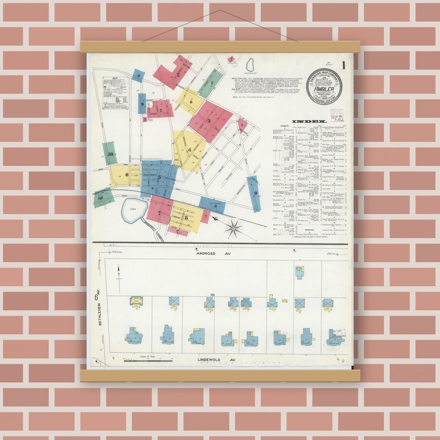 Old map wall art mockup — magnetic wood frame on brick wall — Sanborn Fire Insurance Map from Ambler, Montgomery County, Pennsylvania (1909), Sheet #0001