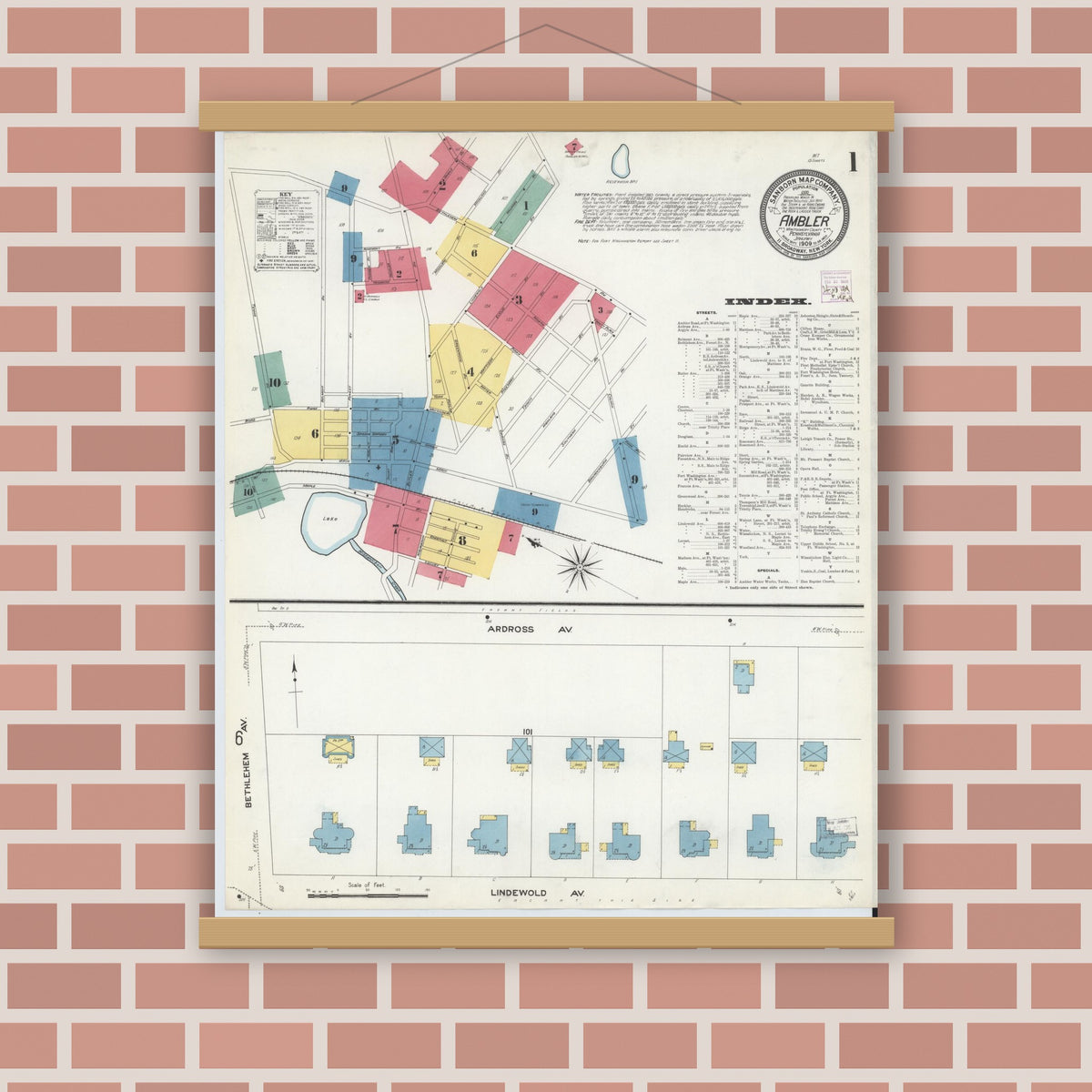 Old map wall art mockup — magnetic wood frame on brick wall — Sanborn Fire Insurance Map from Ambler, Montgomery County, Pennsylvania (1909), Sheet #0001