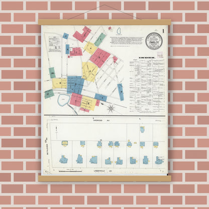 Old map wall art mockup — magnetic wood frame on brick wall — Sanborn Fire Insurance Map from Ambler, Montgomery County, Pennsylvania (1909), Sheet #0001