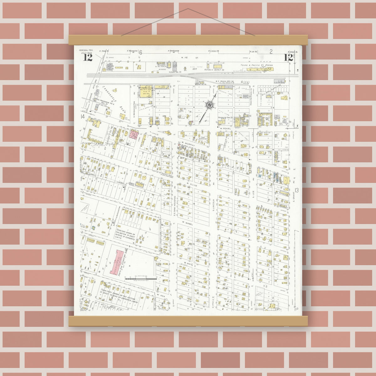 Old map wall art mockup — magnetic wood frame on brick wall — Sanborn Fire Insurance Map from Odessa, Edger County, Texas (1939), Sheet #0012