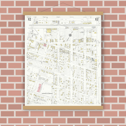 Old map wall art mockup — magnetic wood frame on brick wall — Sanborn Fire Insurance Map from Odessa, Edger County, Texas (1939), Sheet #0012