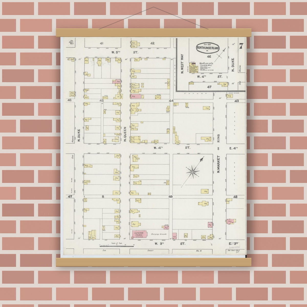 Old map wall art mockup — magnetic wood frame on brick wall — Sanborn Fire Insurance Map from Northumberland, Northumberland County, Pennsylvania (1890), Sheet #0007