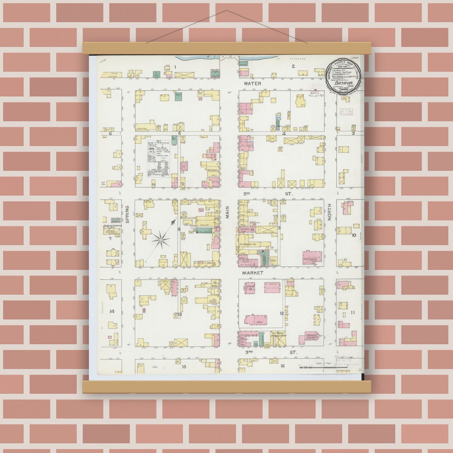 Old map wall art mockup — magnetic wood frame on brick wall — Sanborn Fire Insurance Map from Batavia, Clermont County, Ohio (1892), Sheet #0001