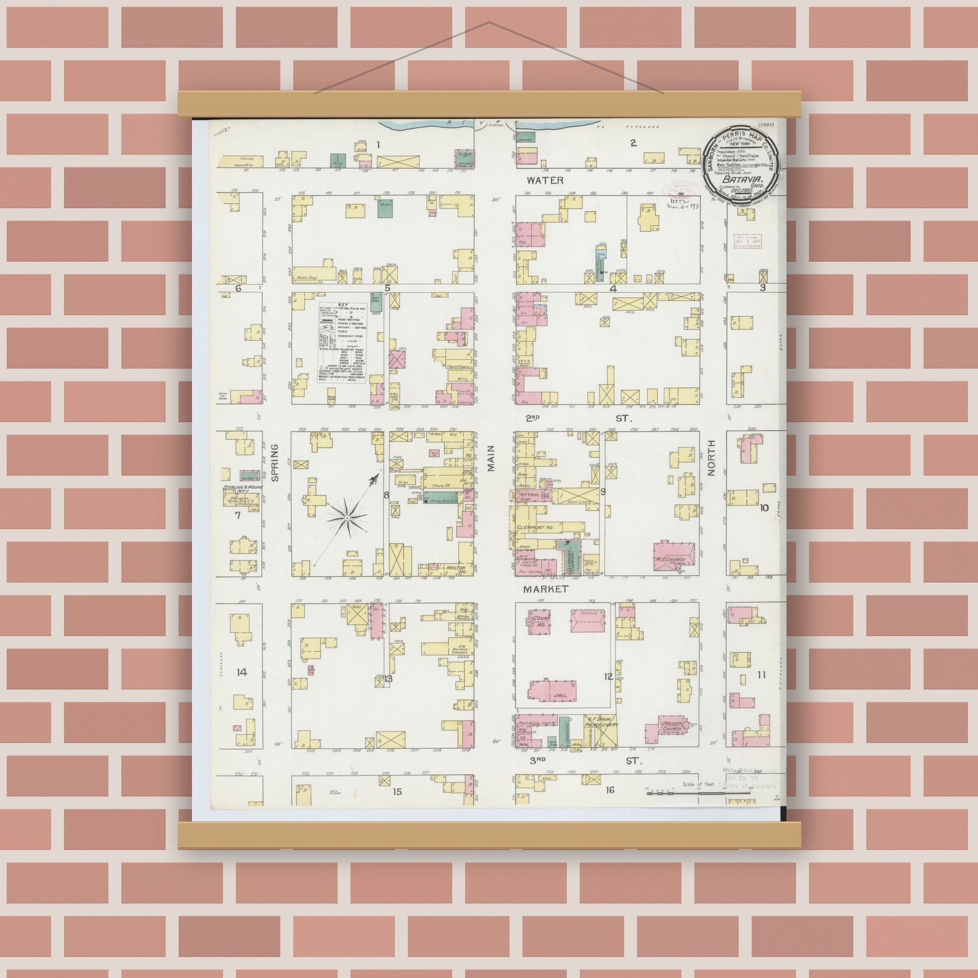 Old map wall art mockup — magnetic wood frame on brick wall — Sanborn Fire Insurance Map from Batavia, Clermont County, Ohio (1892), Sheet #0001