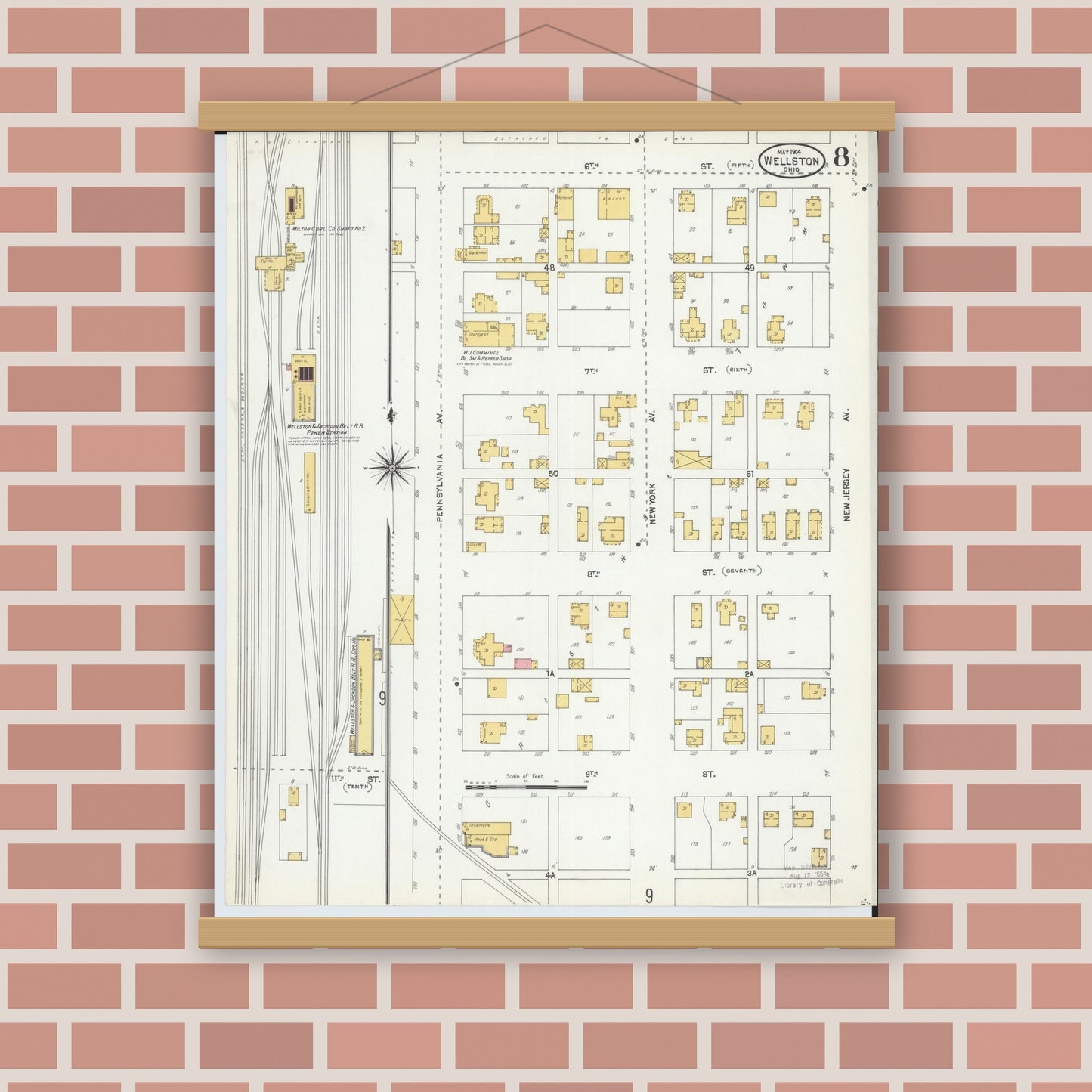 Old map wall art mockup — magnetic wood frame on brick wall — Sanborn Fire Insurance Map from Wellston, Jackson County, Ohio (1904), Sheet #0008