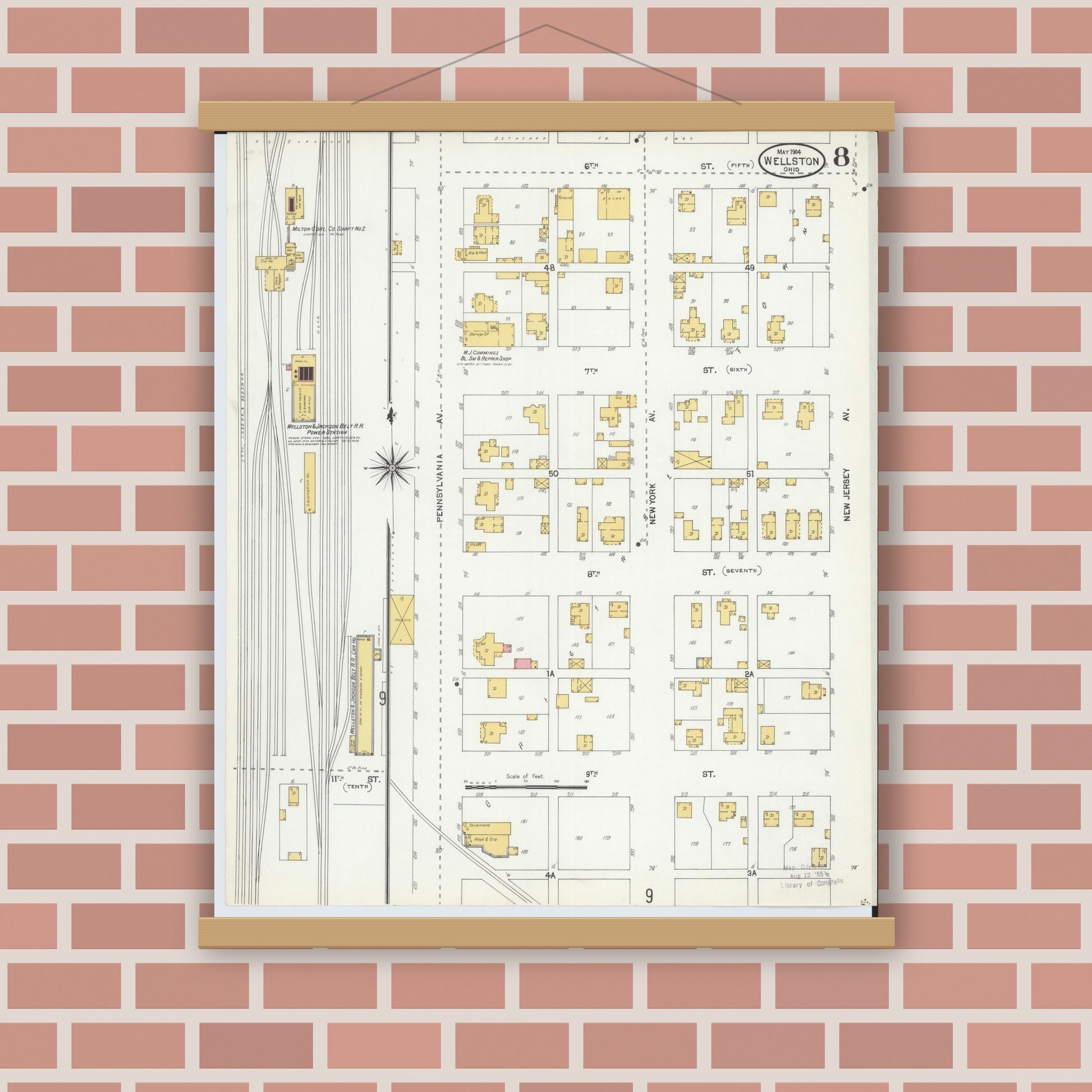 Old map wall art mockup — magnetic wood frame on brick wall — Sanborn Fire Insurance Map from Wellston, Jackson County, Ohio (1904), Sheet #0008