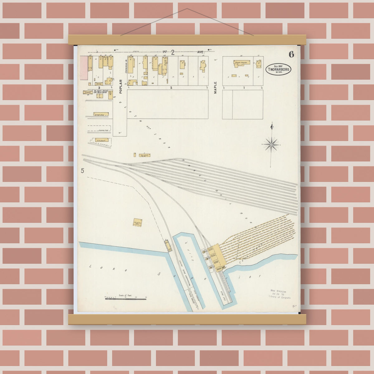 Old map wall art mockup — magnetic wood frame on brick wall — Sanborn Fire Insurance Map from Two Harbors, Lake County, Minnesota (1897), Sheet #0006
