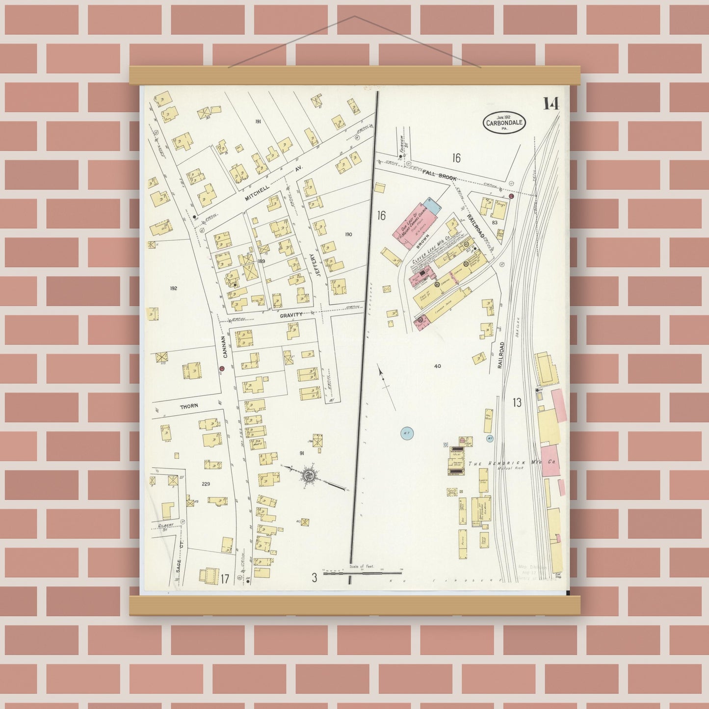 Old map wall art mockup — magnetic wood frame on brick wall — Sanborn Fire Insurance Map from Carbondale, Lackawanna County, Pennsylvania (1912), Sheet #0014