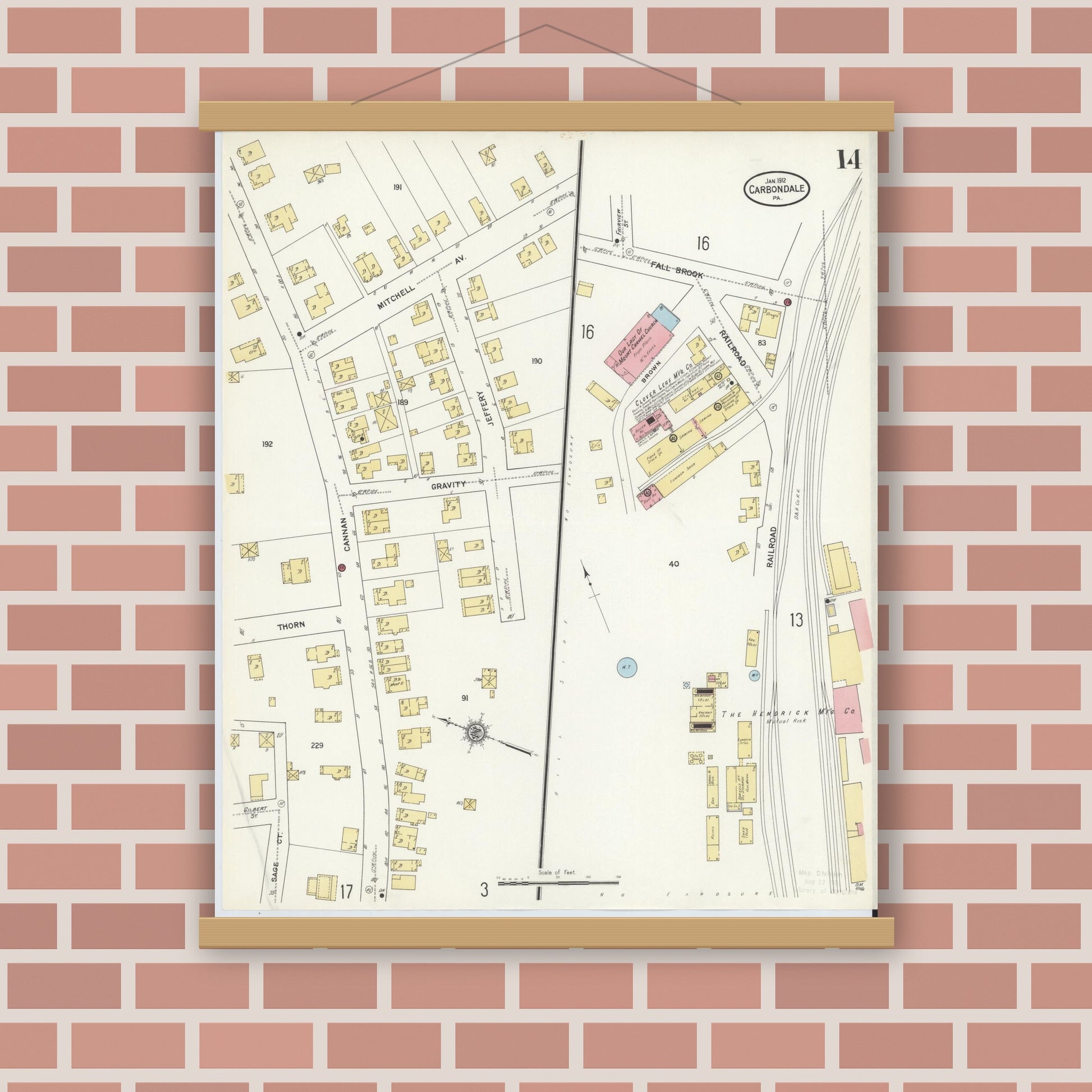 Old map wall art mockup — magnetic wood frame on brick wall — Sanborn Fire Insurance Map from Carbondale, Lackawanna County, Pennsylvania (1912), Sheet #0014
