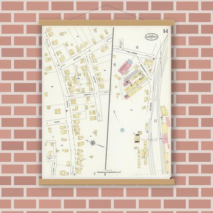 Old map wall art mockup — magnetic wood frame on brick wall — Sanborn Fire Insurance Map from Carbondale, Lackawanna County, Pennsylvania (1912), Sheet #0014