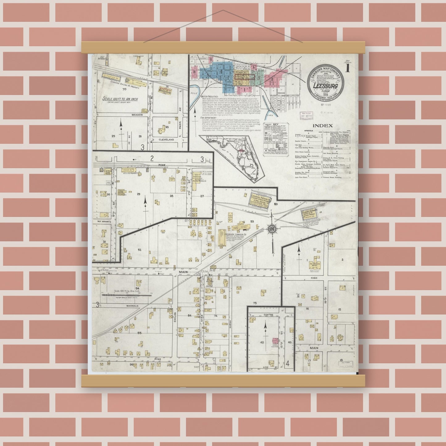 Old map wall art mockup — magnetic wood frame on brick wall — Sanborn Fire Insurance Map from Leesburg, Lake County, Florida (1918) - Complete Map Set