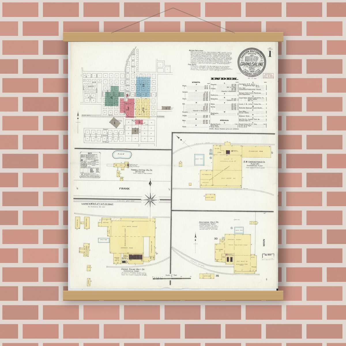 Old map wall art mockup — magnetic wood frame on brick wall — Sanborn Fire Insurance Map from Grand Saline, Van Zandt County, Texas (1909), Sheet #0001