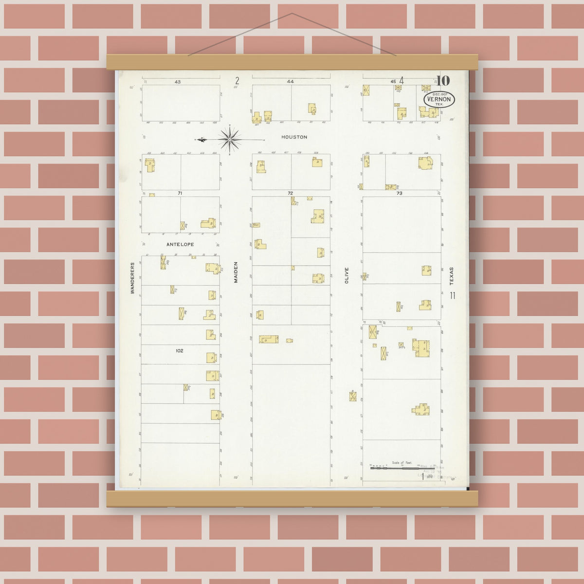 Old map wall art mockup — magnetic wood frame on brick wall — Sanborn Fire Insurance Map from Vernon, Wilbarger County, Texas (1907), Sheet #0010