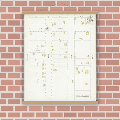 Old map wall art mockup — magnetic wood frame on brick wall — Sanborn Fire Insurance Map from Vernon, Wilbarger County, Texas (1907), Sheet #0010