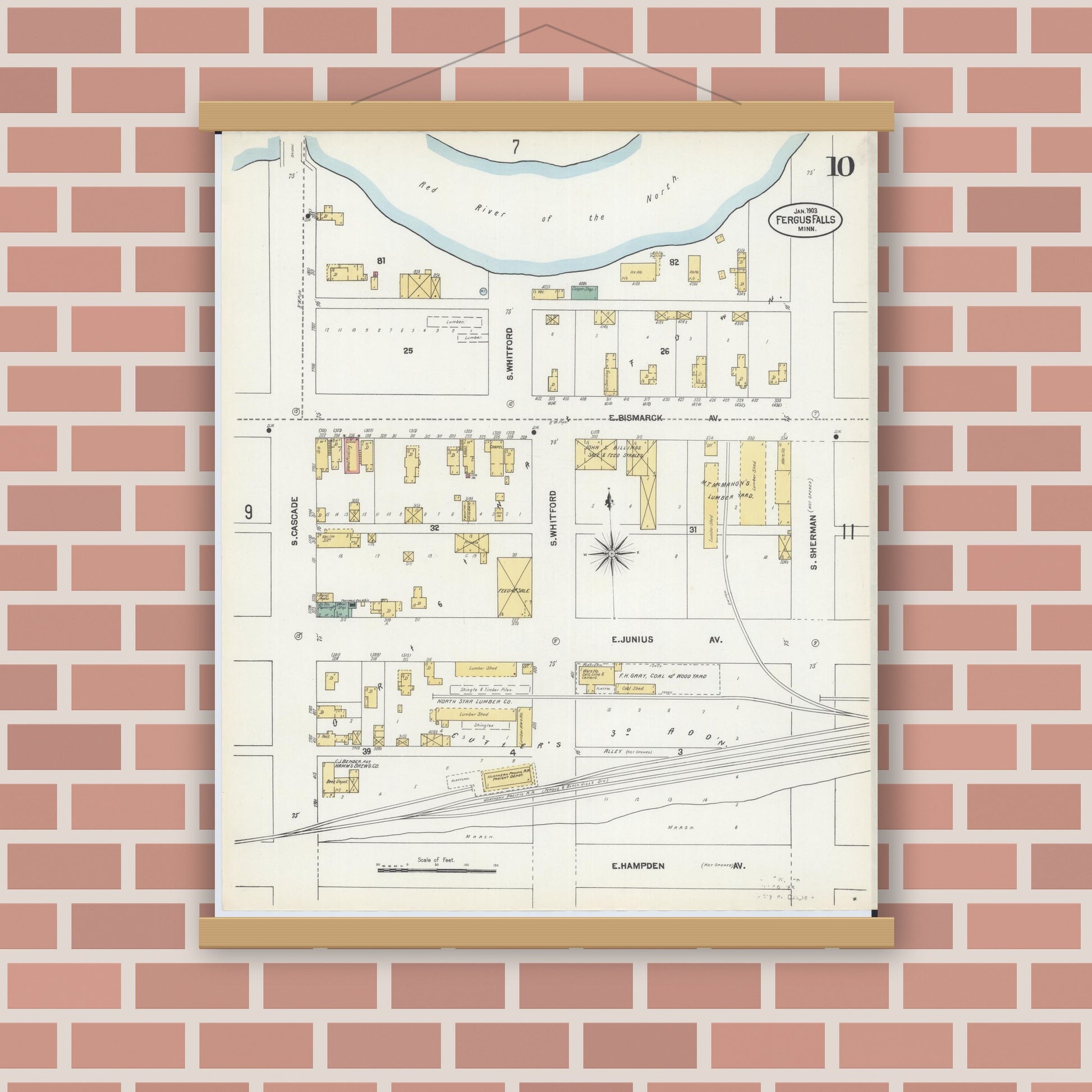Old map wall art mockup — magnetic wood frame on brick wall — Sanborn Fire Insurance Map from Fergus Falls, Otter Tail County, Minnesota (1903), Sheet #0010