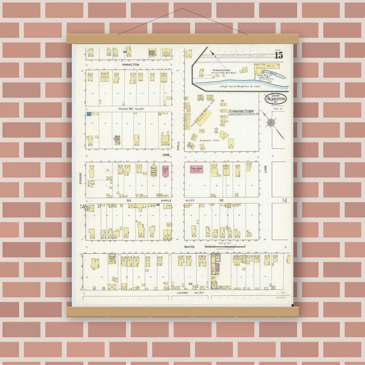 Old map wall art mockup — magnetic wood frame on brick wall — Sanborn Fire Insurance Map from Palmerton, Carbon County, Pennsylvania (1921), Sheet #0015