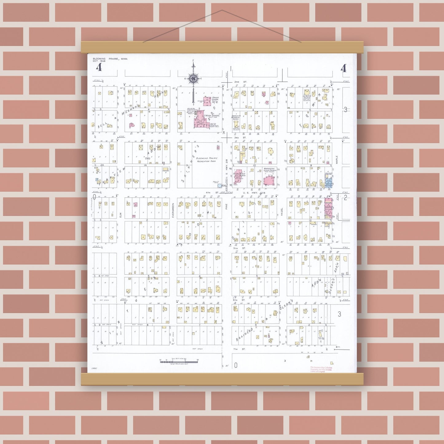 Old map wall art mockup — magnetic wood frame on brick wall — Sanborn Fire Insurance Map from Blooming Prairie, Steele County, Minnesota (1948), Sheet #0004