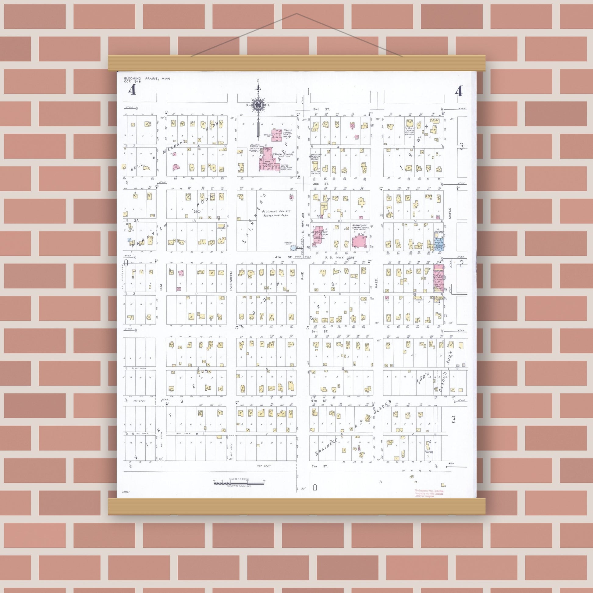 Old map wall art mockup — magnetic wood frame on brick wall — Sanborn Fire Insurance Map from Blooming Prairie, Steele County, Minnesota (1948), Sheet #0004