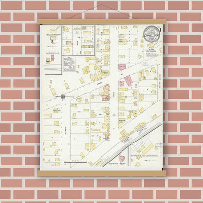 Old map wall art mockup — magnetic wood frame on brick wall — Sanborn Fire Insurance Map from Campbellsport, Fond du Lac County, Wisconsin (1910), Sheet #0001