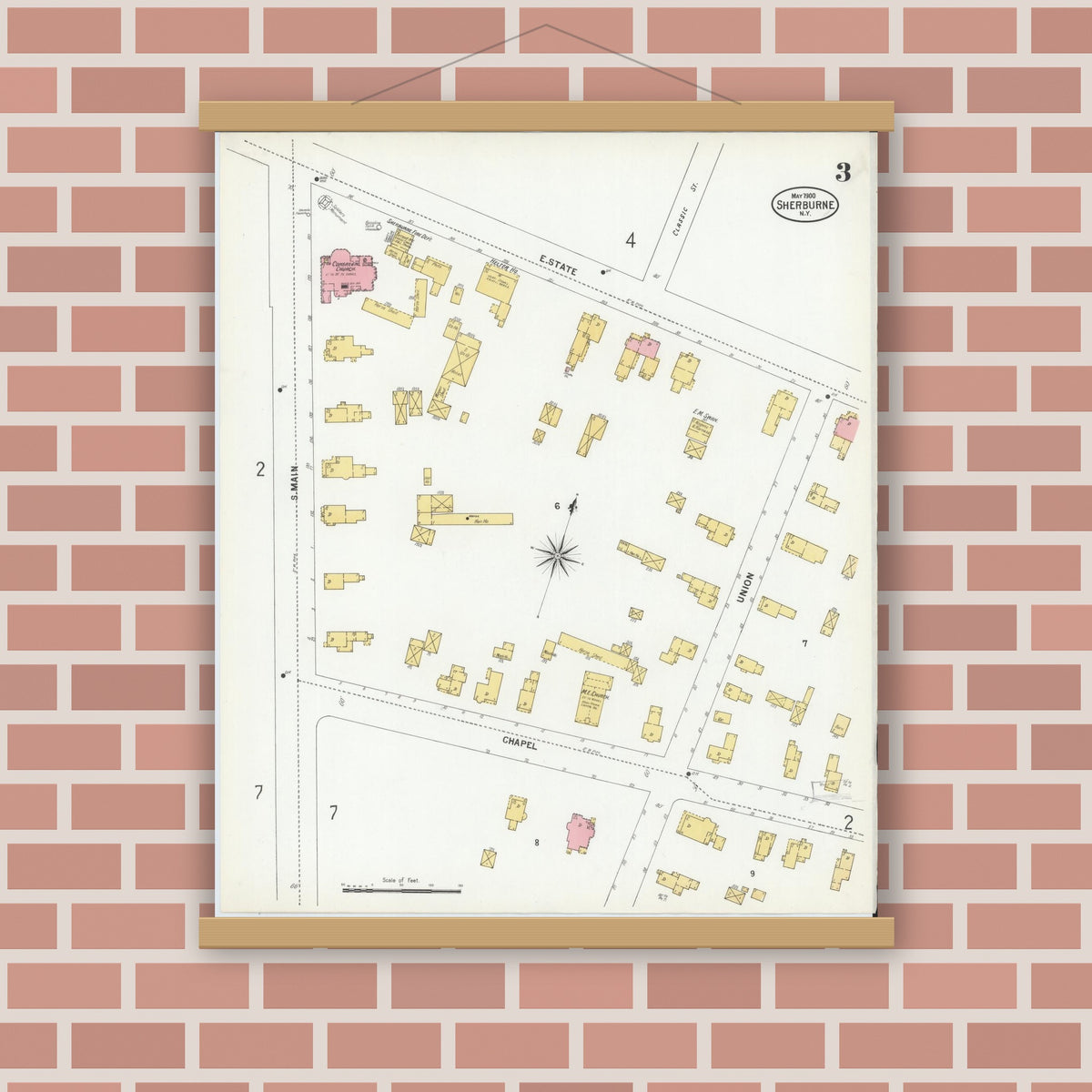 Old map wall art mockup — magnetic wood frame on brick wall — Sanborn Fire Insurance Map from Sherburne, Chenango County, New York (1900), Sheet #0003