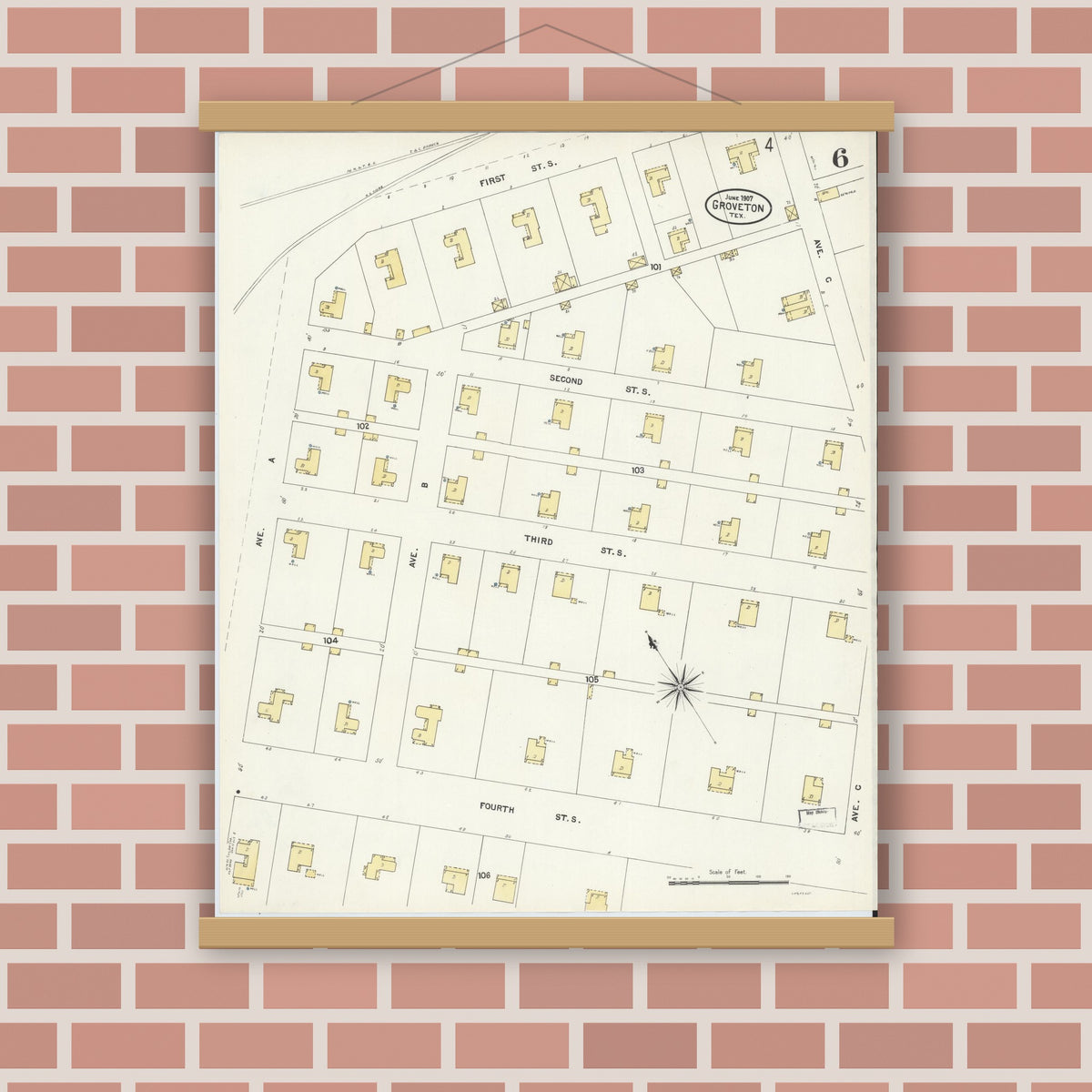 Old map wall art mockup — magnetic wood frame on brick wall — Sanborn Fire Insurance Map from Groveton, Trinity County, Texas (1907), Sheet #0006